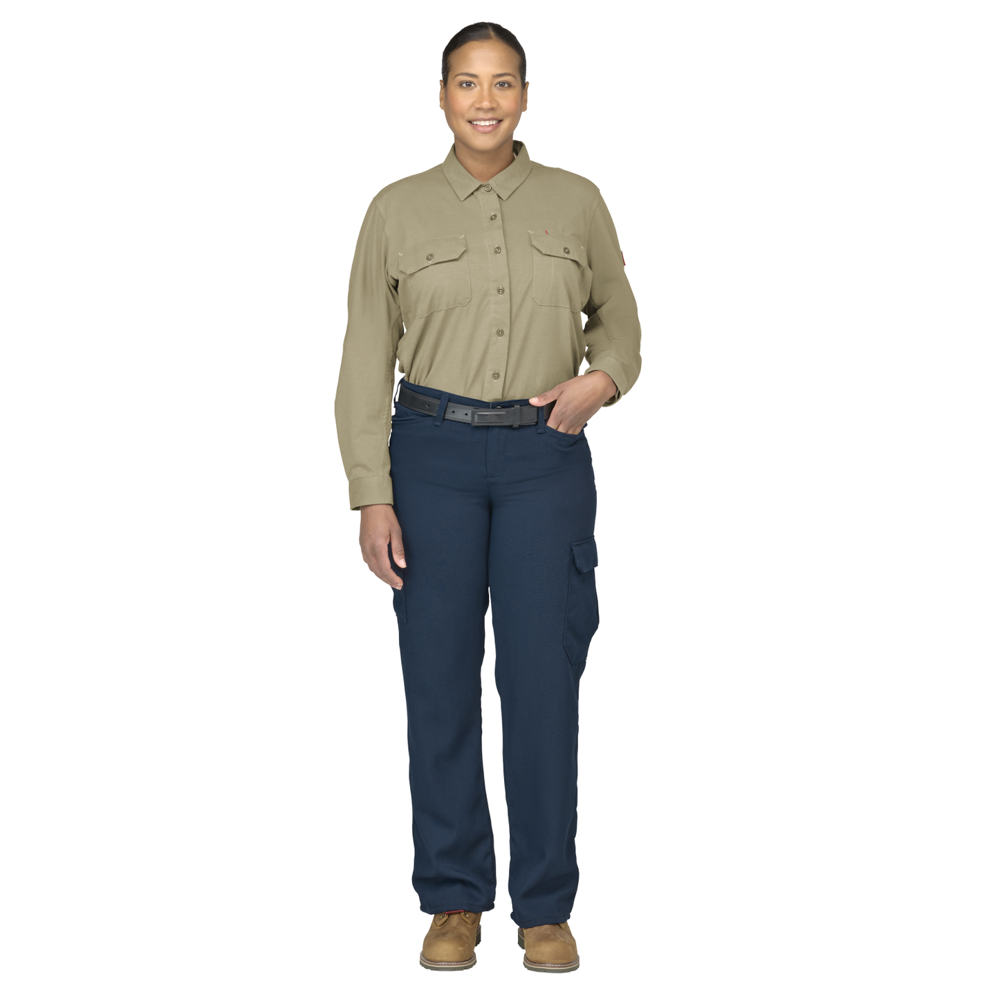 Bulwark-stg5-womens-flex-knit-button-down-kahki-profile