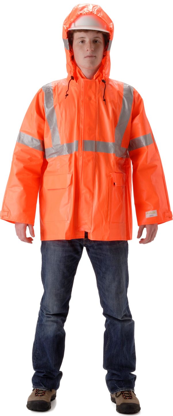 Nasco Arclite Hi Viz 1503J Arc Flash Rated Waist Length Rain Jacket Fluorescent Orange Front
