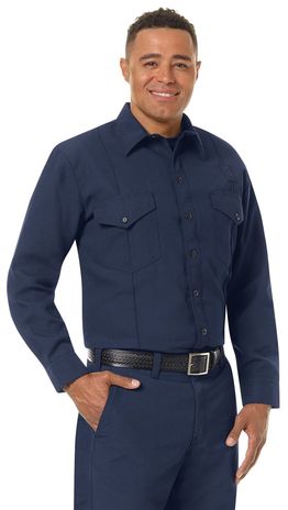 Workrite FR Firefighter Shirt FSF4, Classic Long Sleeve, Western Navy Example Right