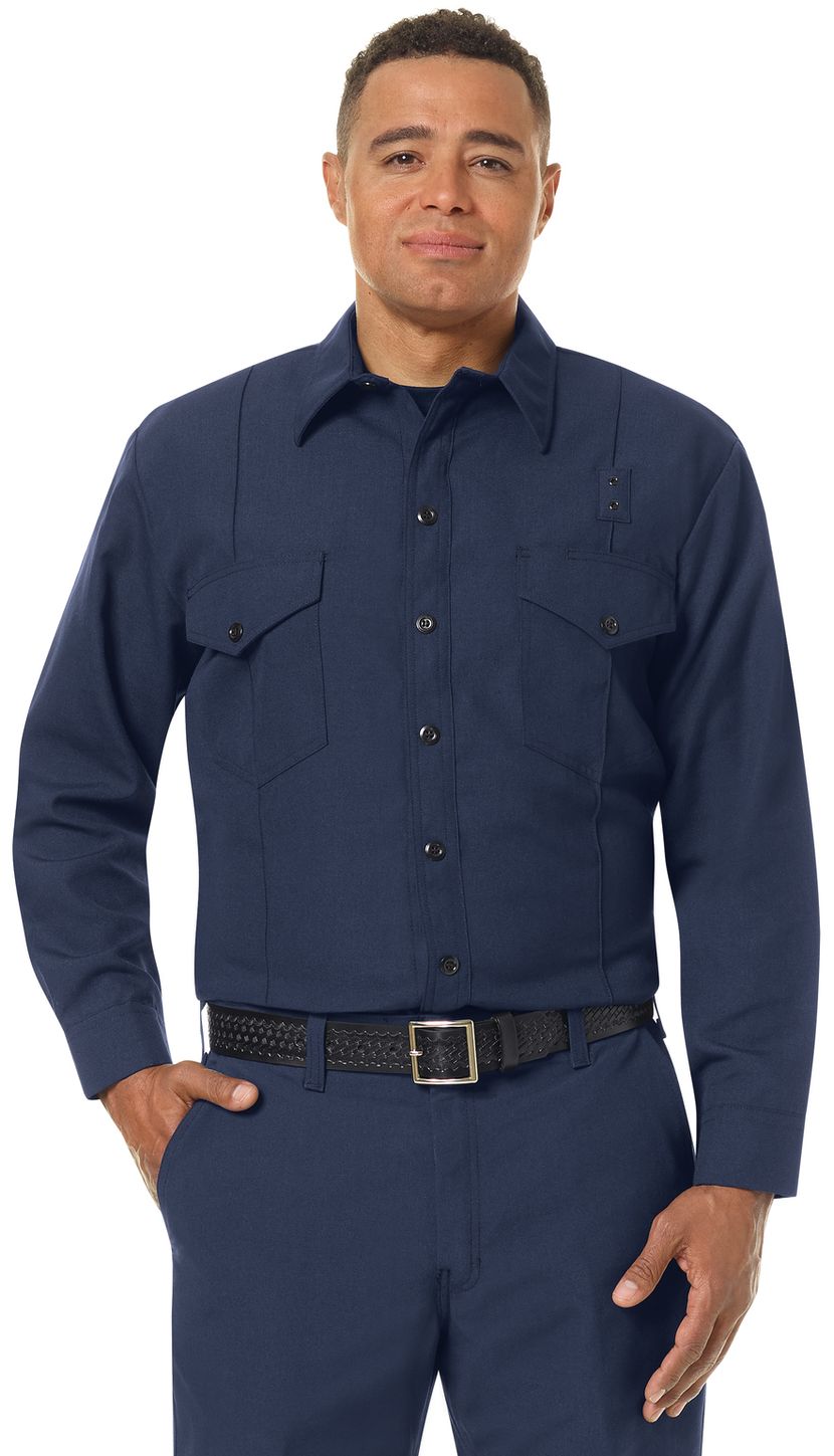 Workrite FR Firefighter Shirt FSF4, Classic Long Sleeve, Western Navy Example Front