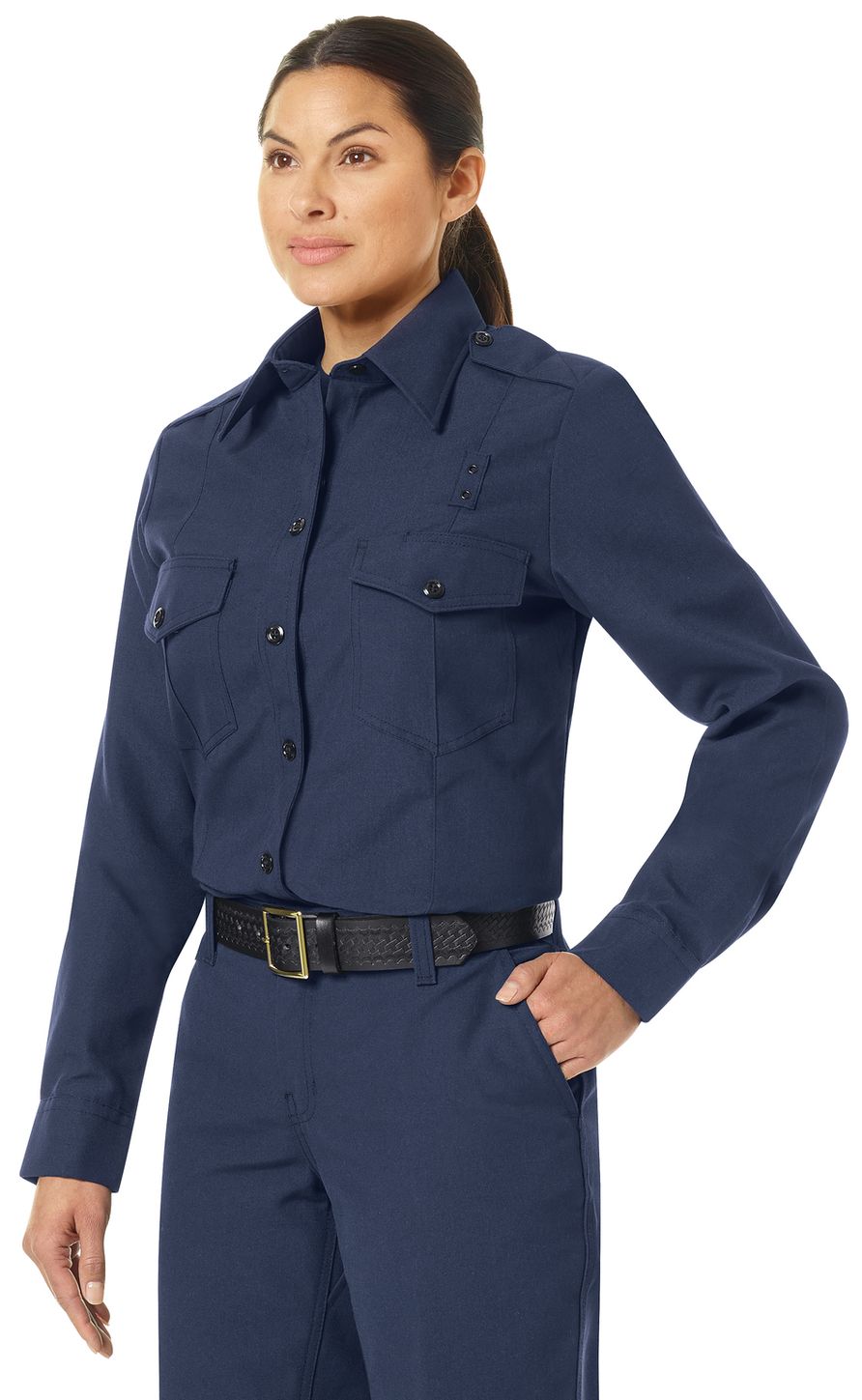 Workrite FR Women's Fire Chief Shirt FSC1, Classic Long Sleeve Navy Example Left
