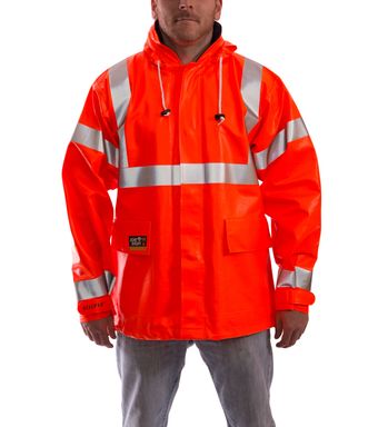 Tingley Eclipse™ Arc Flash and Fire Resistant Rain Jacket - PVC on Nomex®, Chemical Resistant, Class 3 Hi Vis Fluorescent Orange Red Front