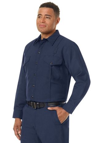 Workrite FR Firefighter Shirt FSF4, Classic Long Sleeve, Western Navy Example Left