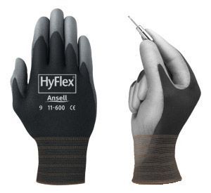 Ansell HyFlex Nylon Gloves 11-600 PU - Palm Coated Grey on Black