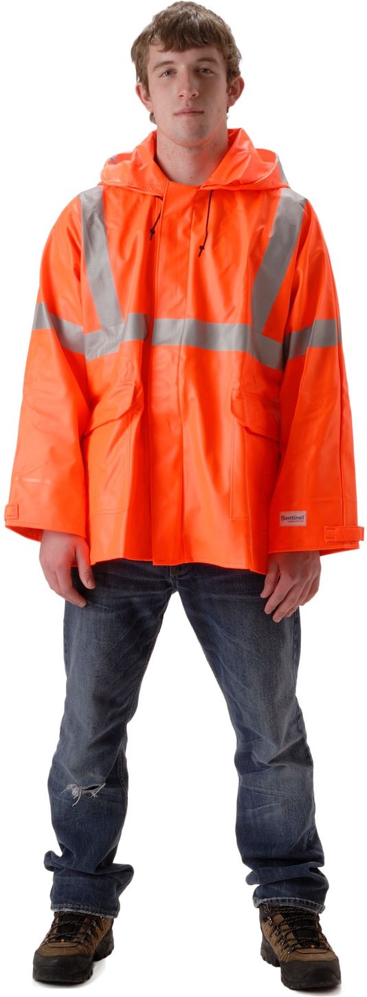 Nasco Sentinel 4503J Arc & Flash Fire Waist Length Rain Jacket Fluorescent Orange Example Front