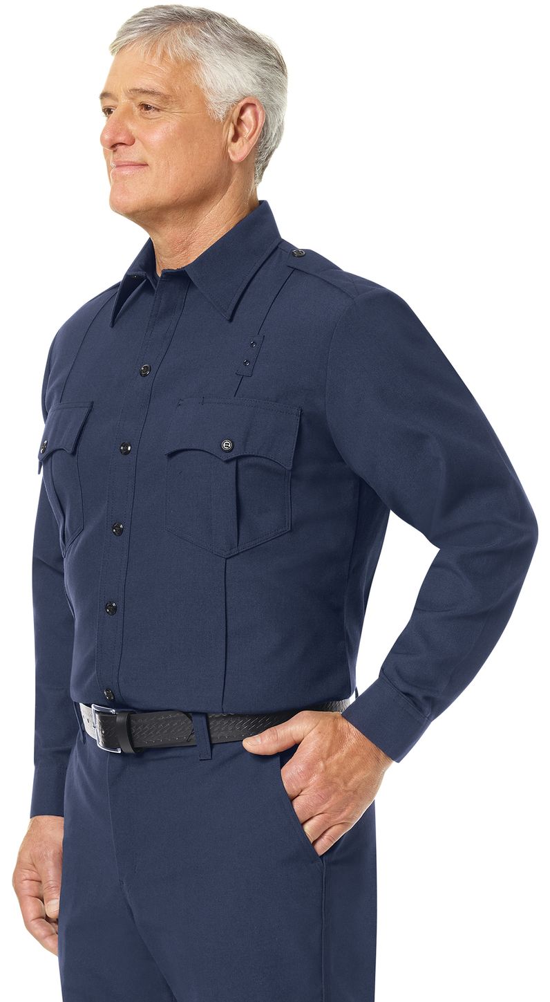 Workrite FR Fire Officer Shirt FSE0 Classic Long Sleeve Navy Blue Example Left