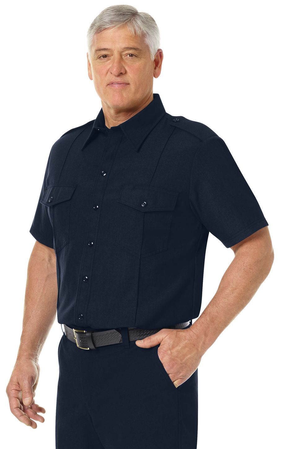 Workrite FR Shirt FSC6, Fire Chief, Classic Short Sleeve Midnight Navy Example Left