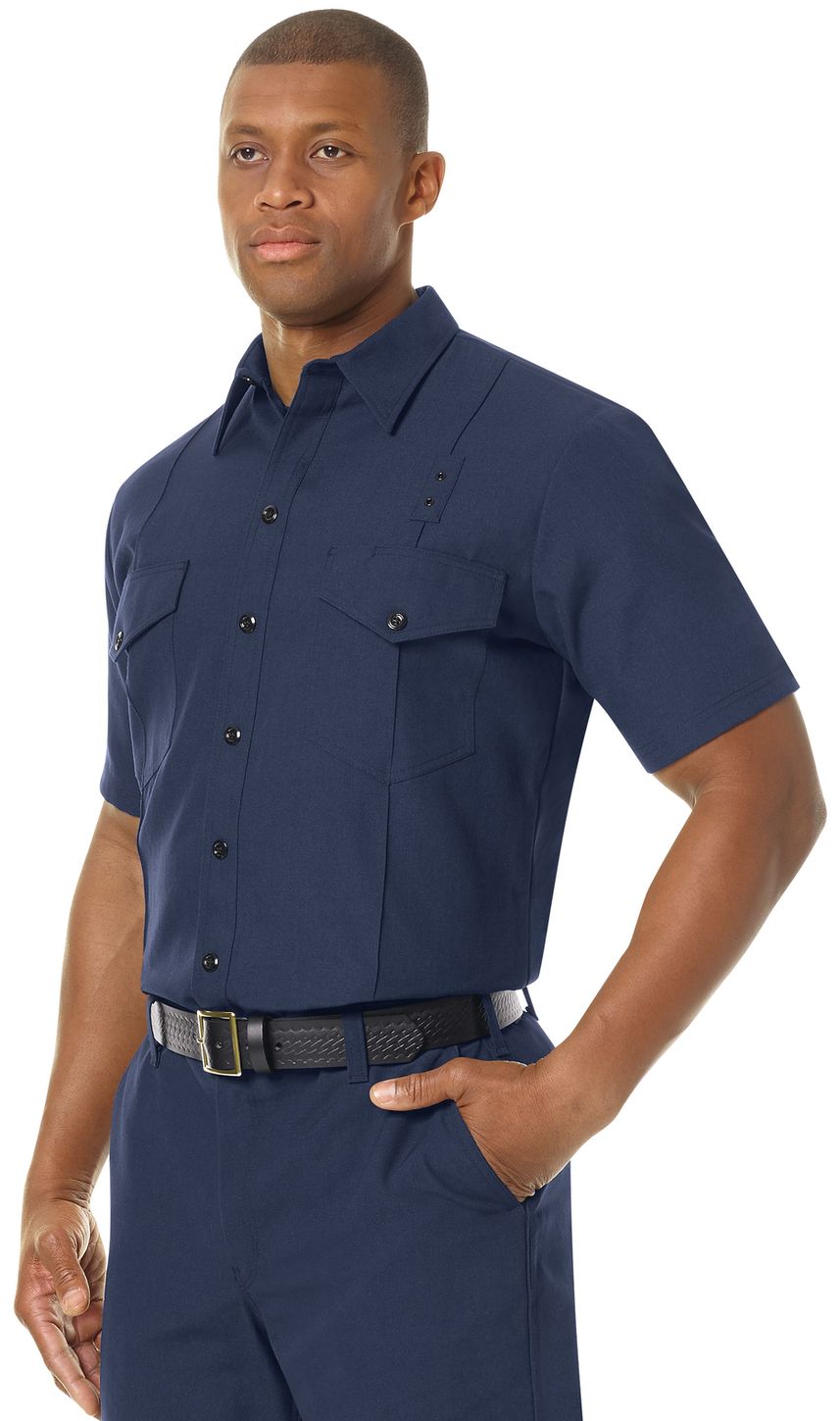 Workrite FR Firefighter Shirt FSF6, Classic Short Sleeve, Western Navy Example Left