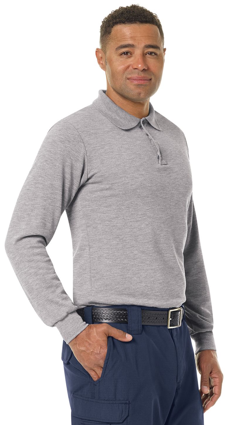 Workrite FR Polo Shirt FT20 Long Sleeve Fire Station Wear Heather Grey Example Right