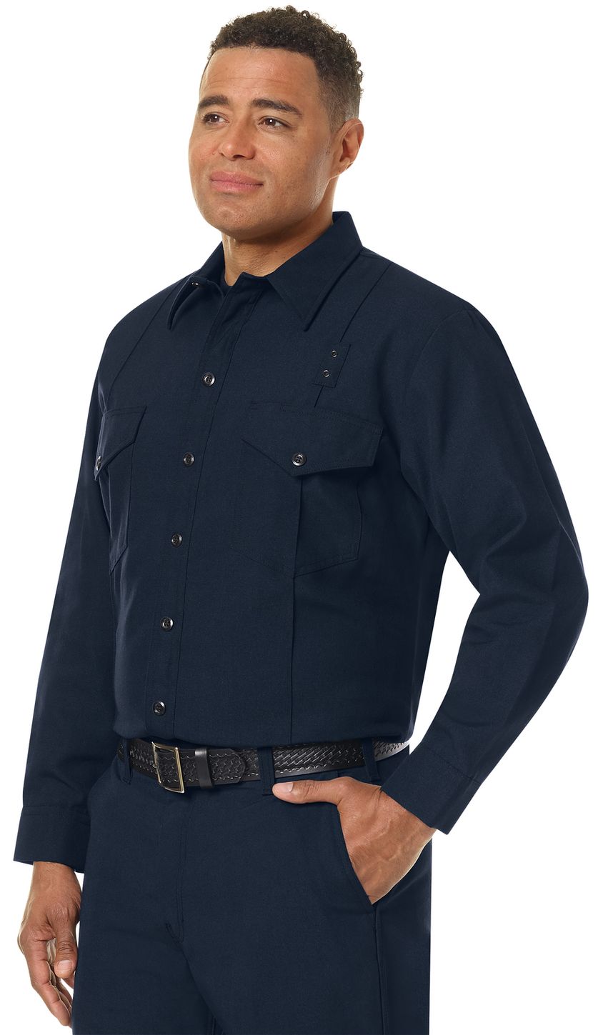 Workrite FR Firefighter Shirt FSF4, Classic Long Sleeve, Western Midnight Navy Example Left