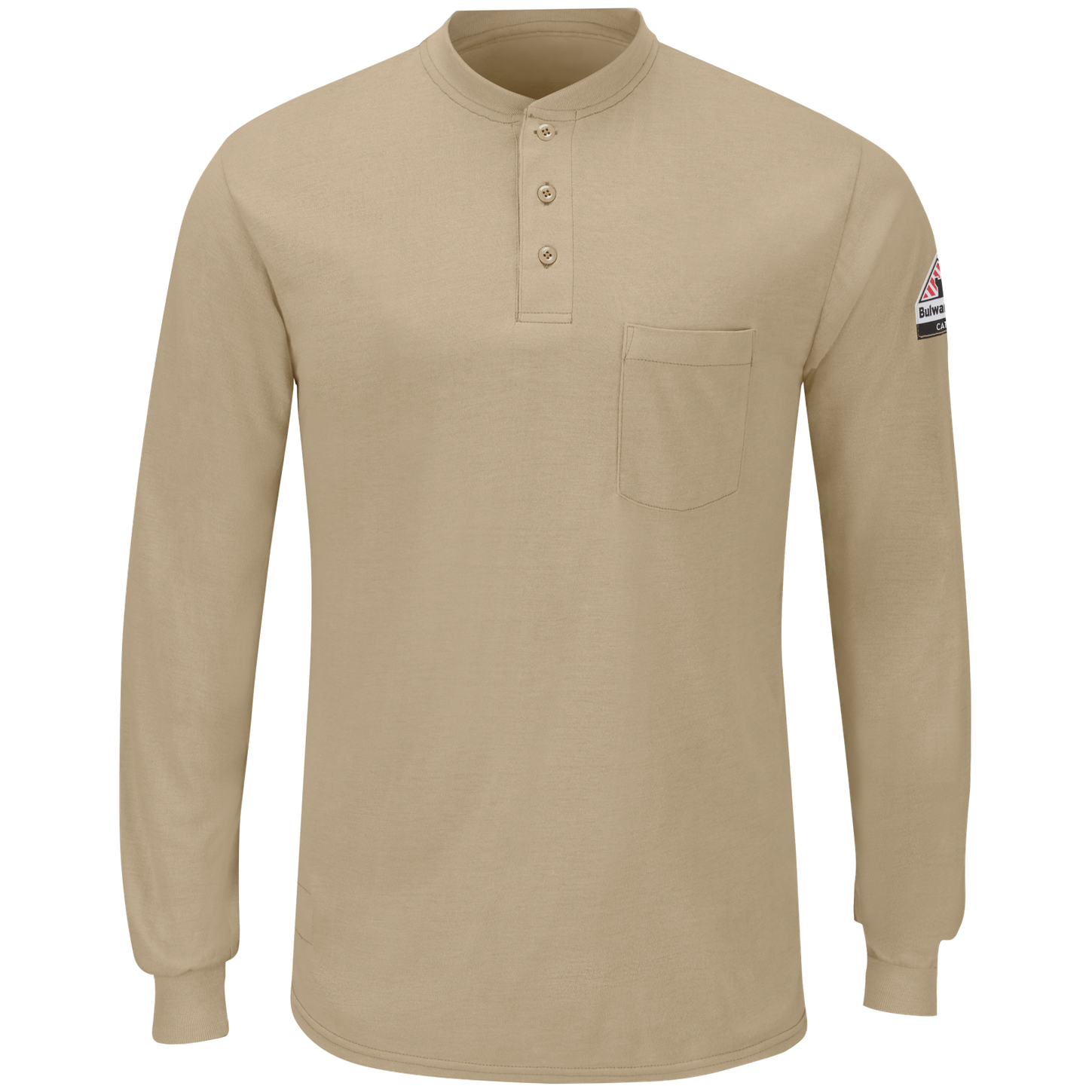 Bulwark-fr-sml8-long-sleeve-lightweight-henley-shirt-khaki-front