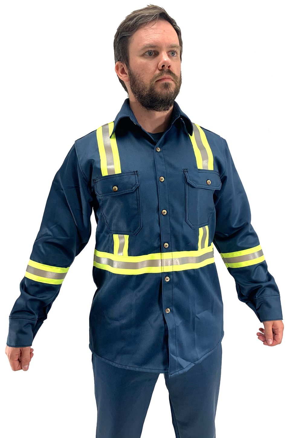 Chicago Protective Apparel Fire-resistant Vinex Shirt 625-FR9B with Reflective Stripe Pattern RH1 Front View