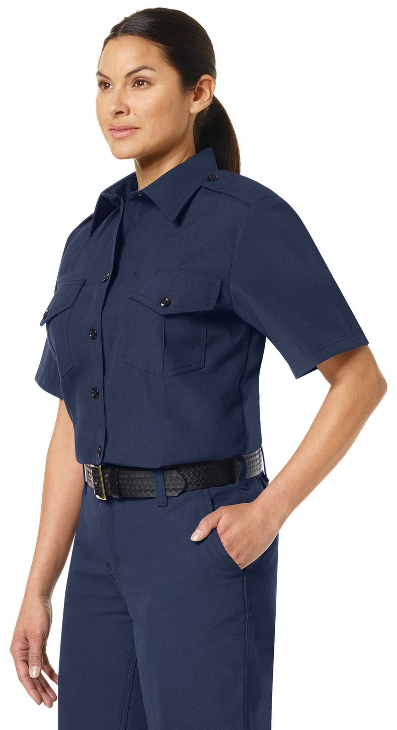 Workrite FR Women's Chief Shirt FSC7, Classic Short Sleeve Navy Example Left