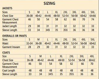 Tingley Protective Clothing Size Chart