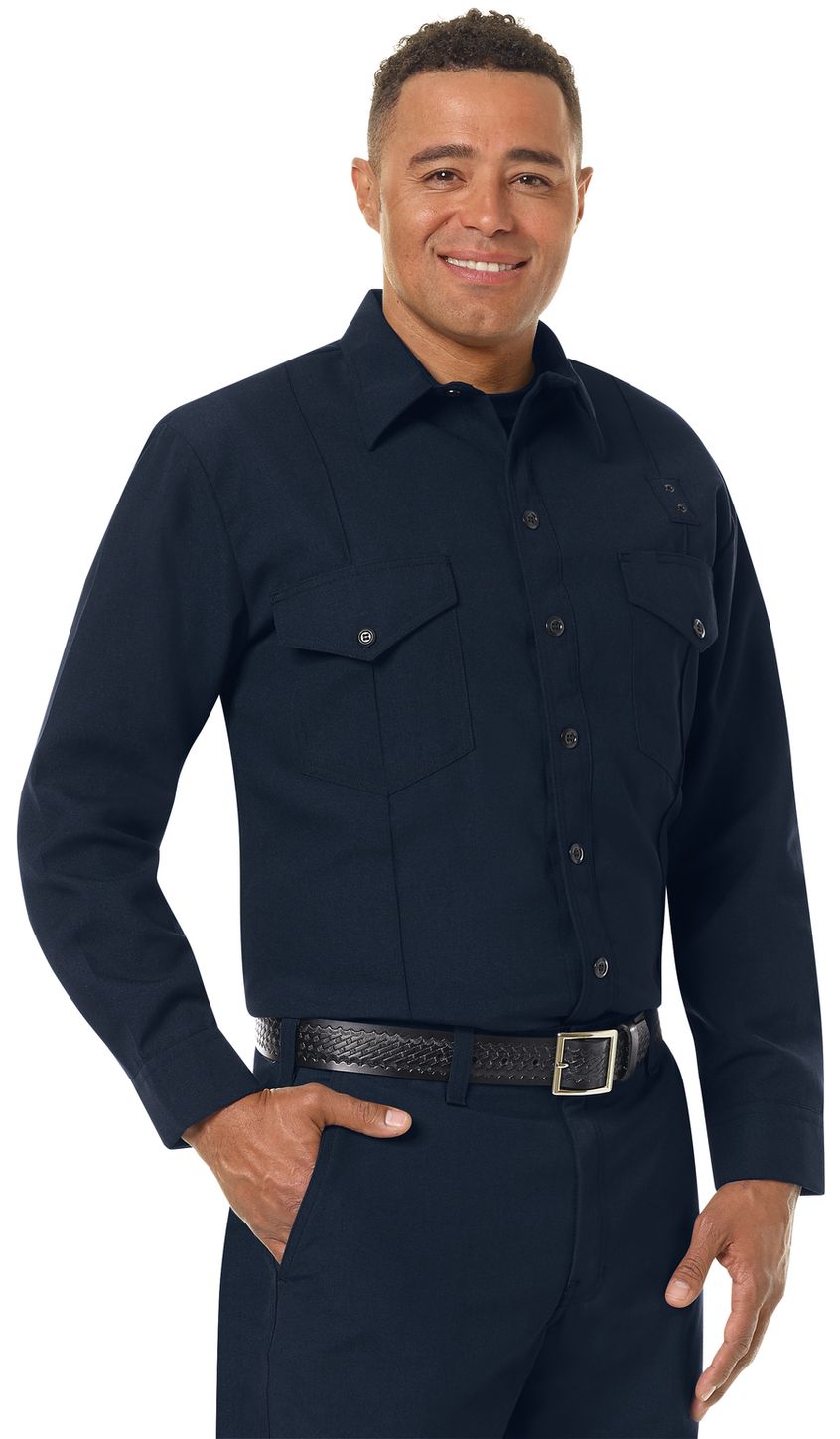Workrite FR Firefighter Shirt FSF4, Classic Long Sleeve, Western Midnight Navy Example Right