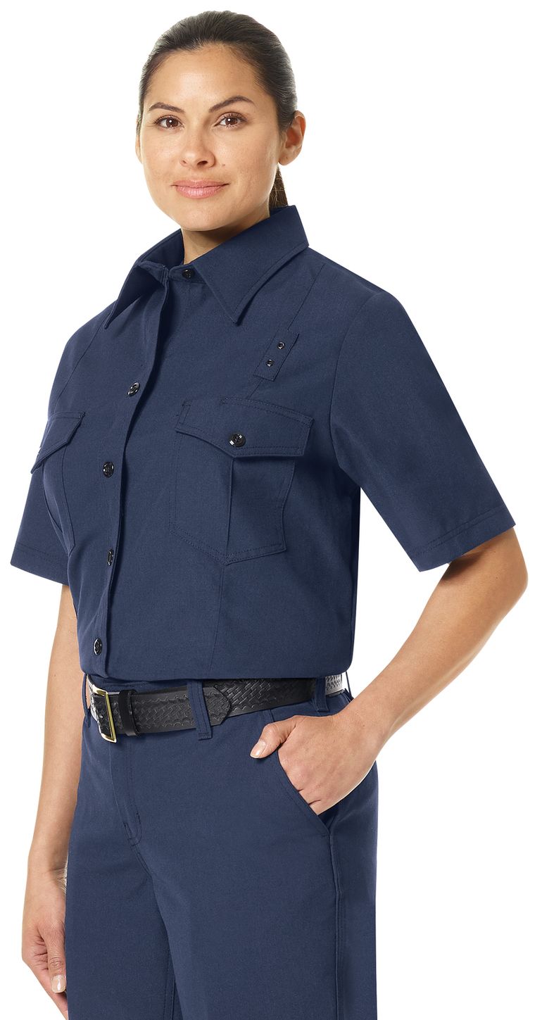 Workrite FR Women's Firefighter Shirt FSF3, Classic Short Sleeve Navy Example Left