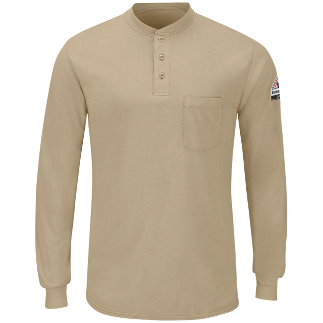 Bulwark-fr-sml8-long-sleeve-lightweight-henley-shirt-khaki-front